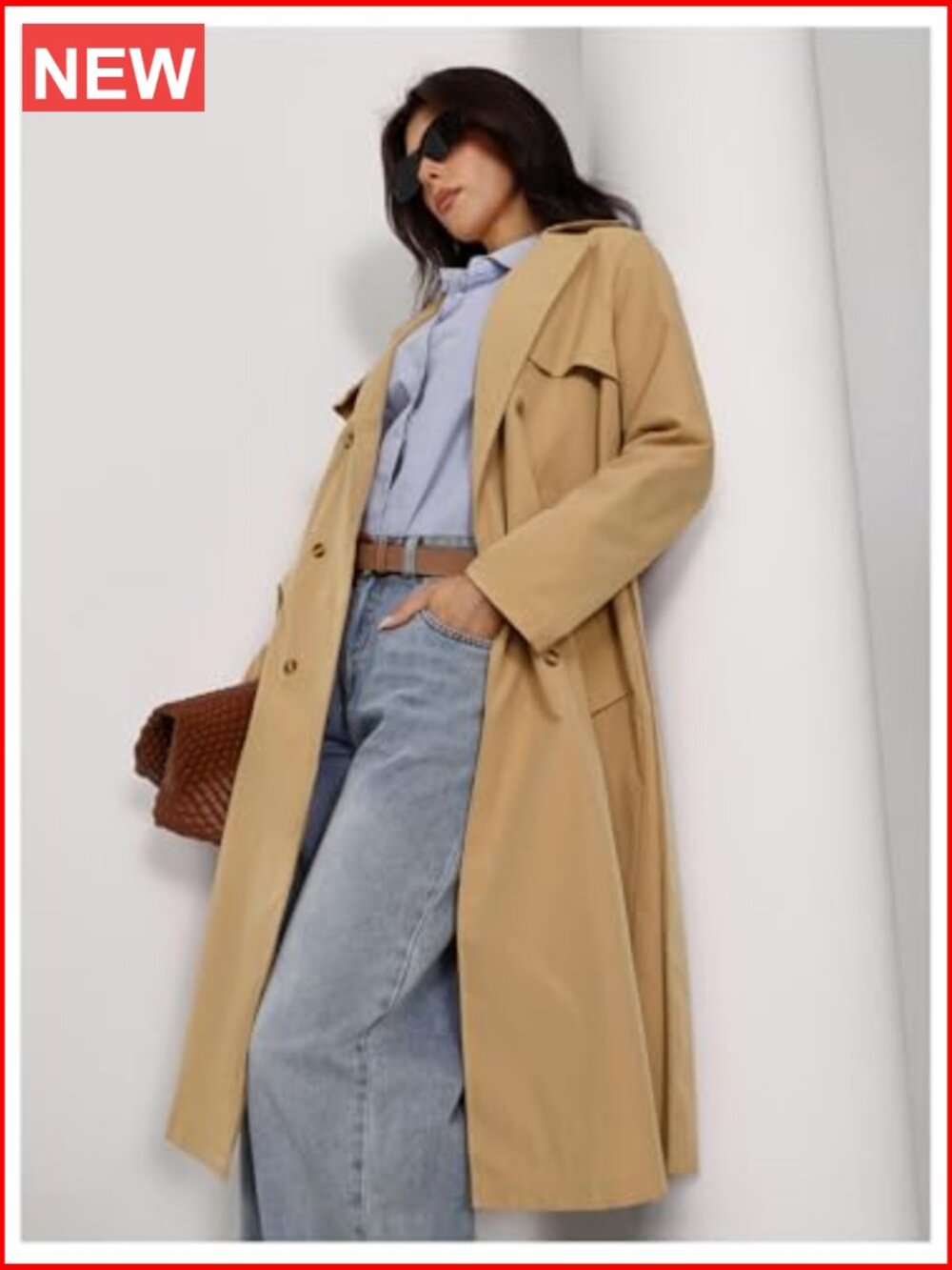 Double Breasted Long Trench Coat Belted Lapel Overcoat - Picture 2 of 6